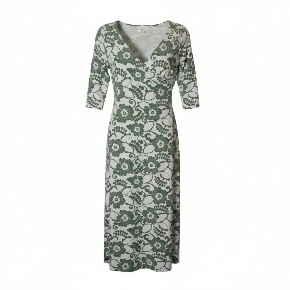 Soft Surroundings Floral Wrap Midi Dress Large Green Boho Stretch Jersey Dress